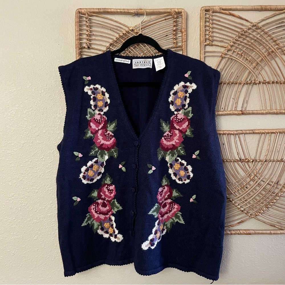Vtg Jantzen Sweater Vest Hand Embroidered Floral Cottagecore Granny Sz 2X B38